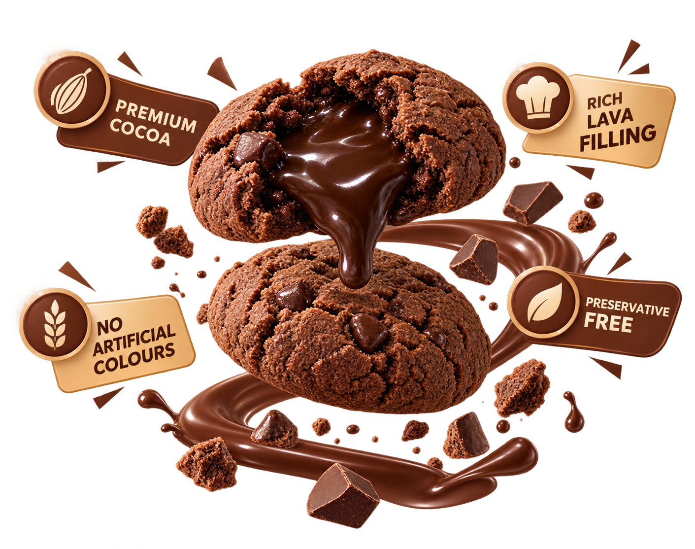 Lava Bites cookie with premium cocoa, rich lava filling, no artificial colours and preservative free